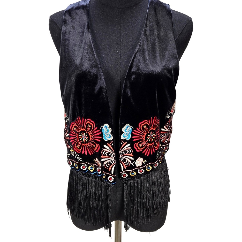 Women's Medium Velvet Embroidered Fringe Vest Black Boho Festival Western Floral